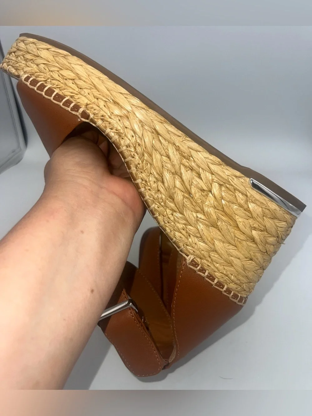 Franco Sarto Women’s Clemens Espadrille Wedge Sandal Cognac Brown Leather Size 8